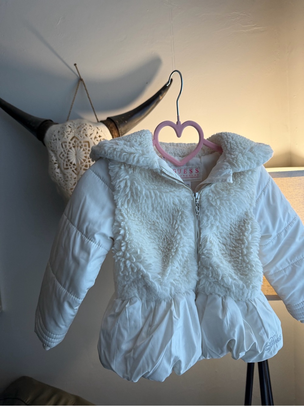 GUESS Girls' White Faux-Fur Hooded Puffer Jacket